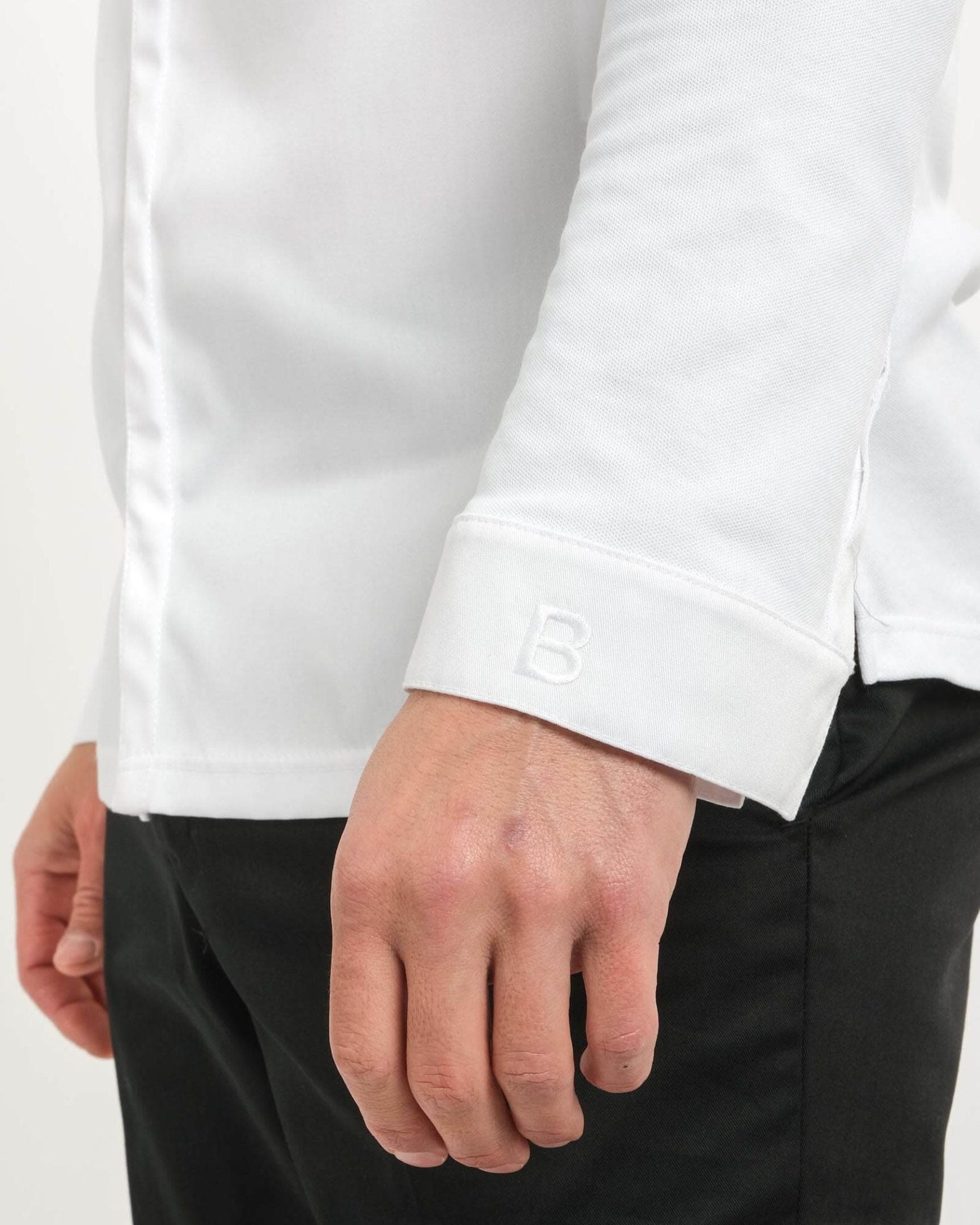 【BRAGARD】メンズ 「ITHURRIA（イトゥーリア）」 ホワイト バンドカラー 長袖 スナップボタン コックコート｜Chef Works Japan