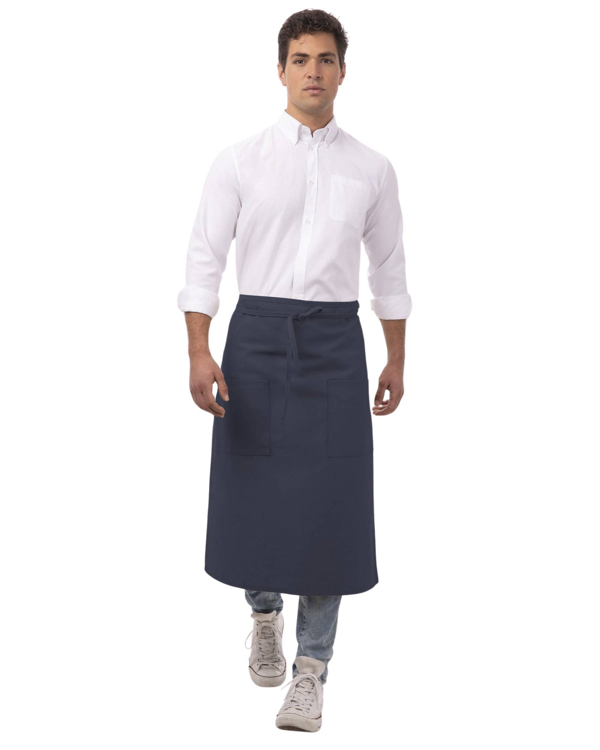 ポケット付きネイビー・ロングサロン｜飲食店制服｜Chef Works® — Chef