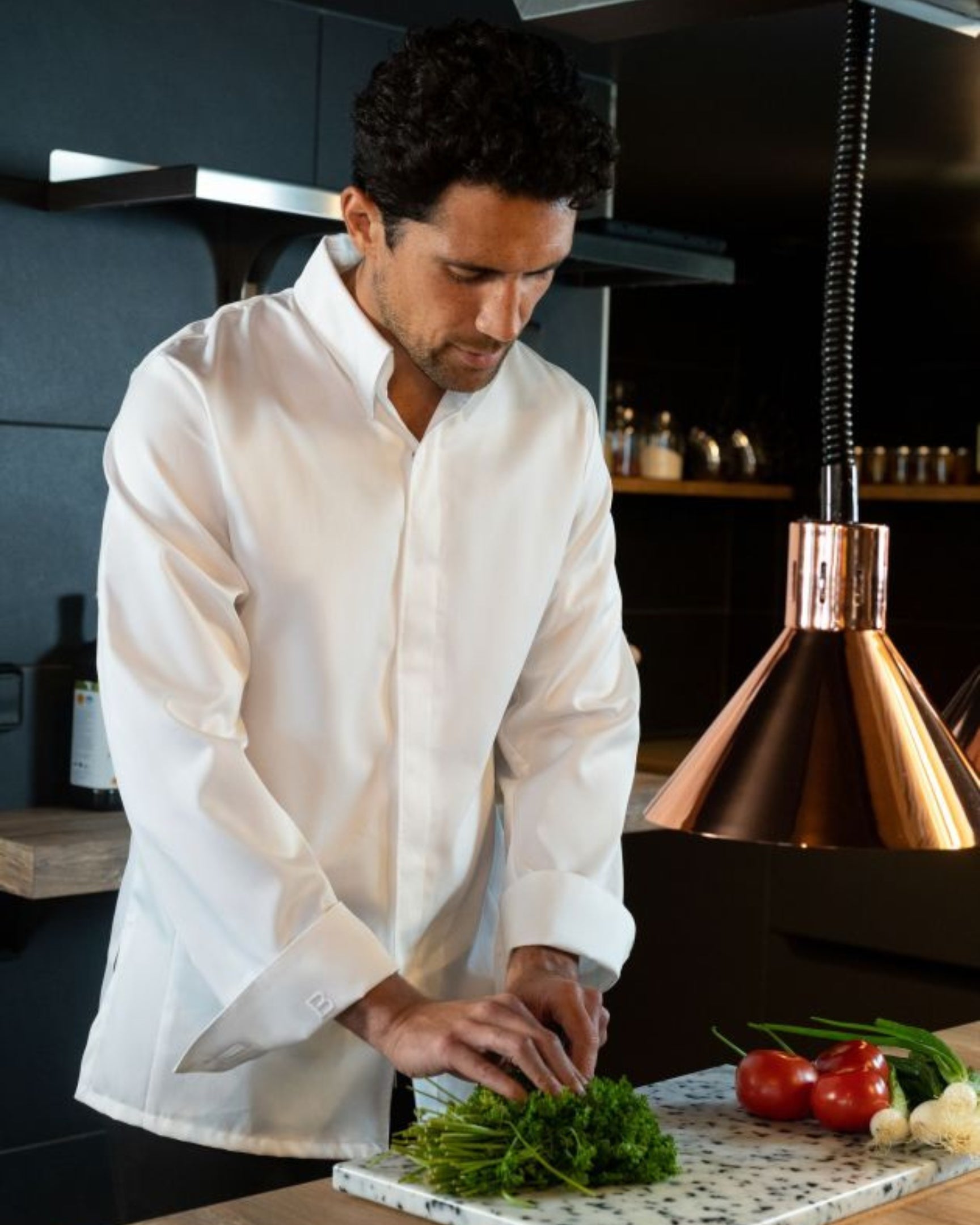 【BRAGARD】メンズ 「BELLAGIO（ベラージオ）」 ホワイト ボタンダウン 長袖 スナップボタン コックコート