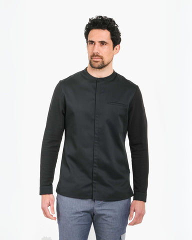 【BRAGARD】メンズ 「ITHURRIA（イトゥーリア）」 ブラック バンドカラー 長袖 スナップボタン コックコート｜Chef Works Japan