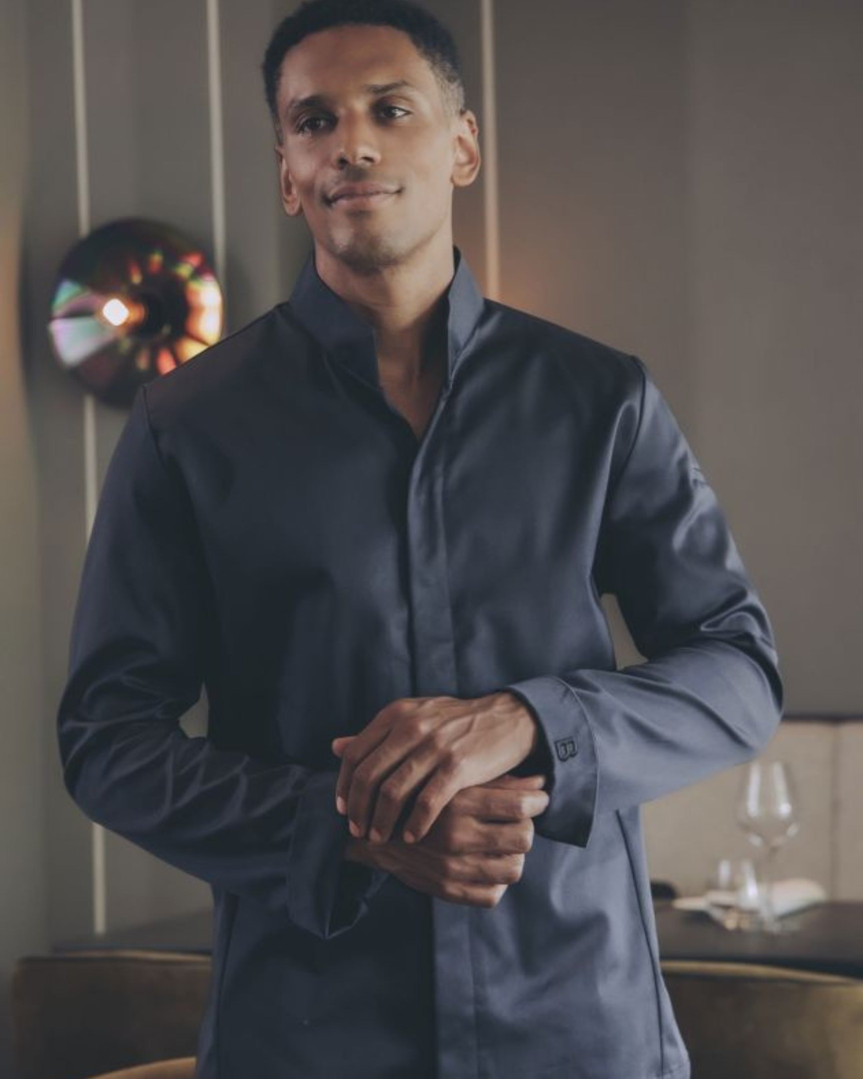 【BRAGARD】メンズ 「GREG（グレッグ）」 ネイビー 立ち襟 長袖 スナップボタン コックコート