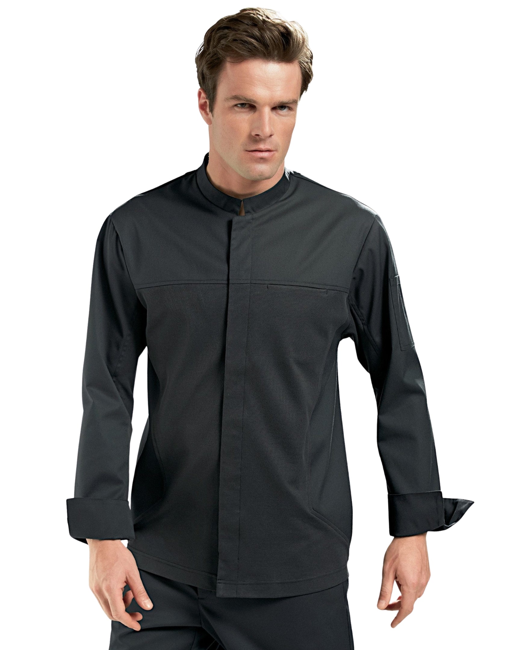 【BRAGARD】メンズ 「STARTER（スターター）」 ブラック 立ち襟 長袖 スナップボタン コックコート