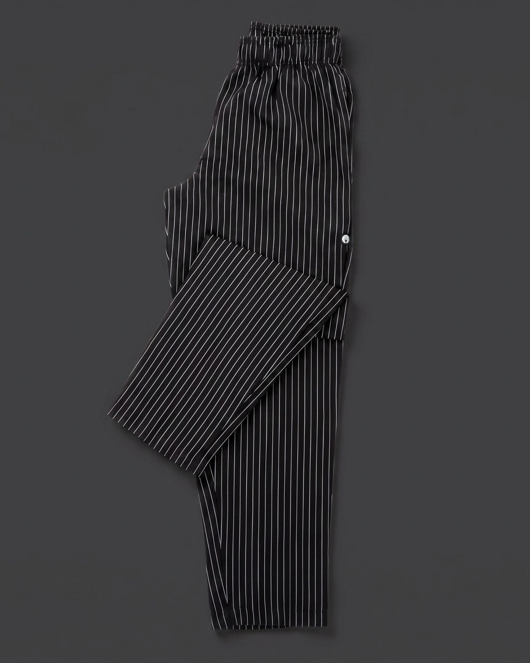 Chef Works (シェフワークス) デザイナーバギー ピンストライプ ブラック シェフパンツ（ストライプ柄・ウエストゴム・ゆったり）