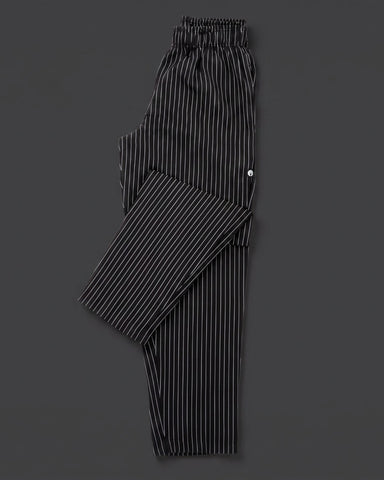 Chef Works (シェフワークス) デザイナーバギー ピンストライプ ブラック シェフパンツ（ストライプ柄・ウエストゴム・ゆったり）