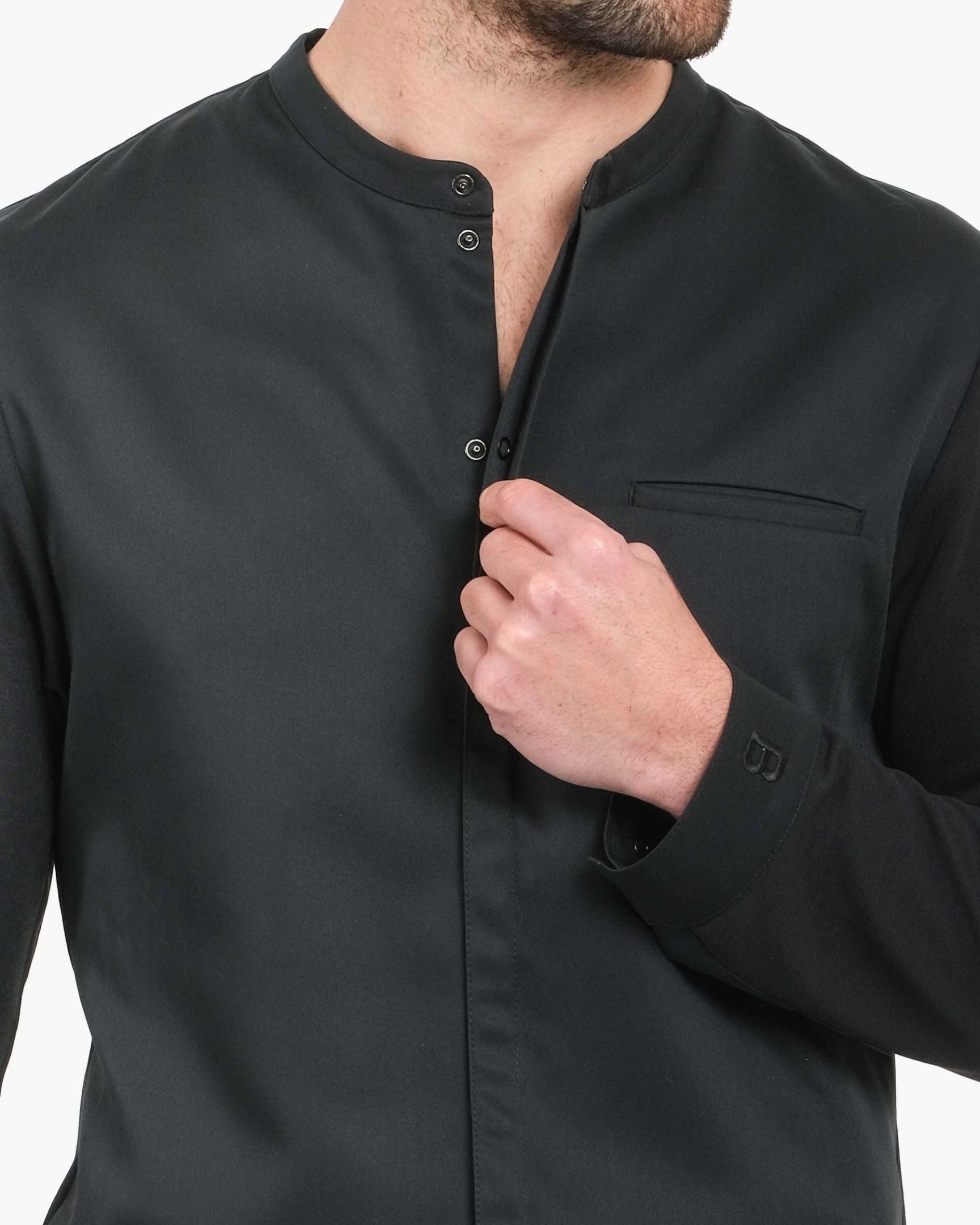 【BRAGARD】メンズ 「ITHURRIA（イトゥーリア）」 ブラック バンドカラー 長袖 スナップボタン コックコート｜Chef Works Japan