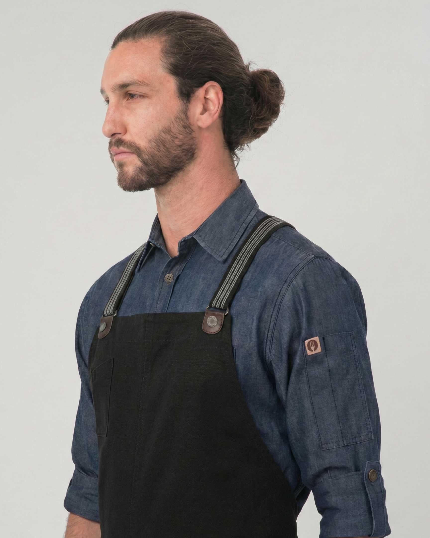 【スナップボタン式】バークレー ジェットブラック デニム  《ラージ》 胸当て エプロン（ブラックグレーサスペンダーセット）