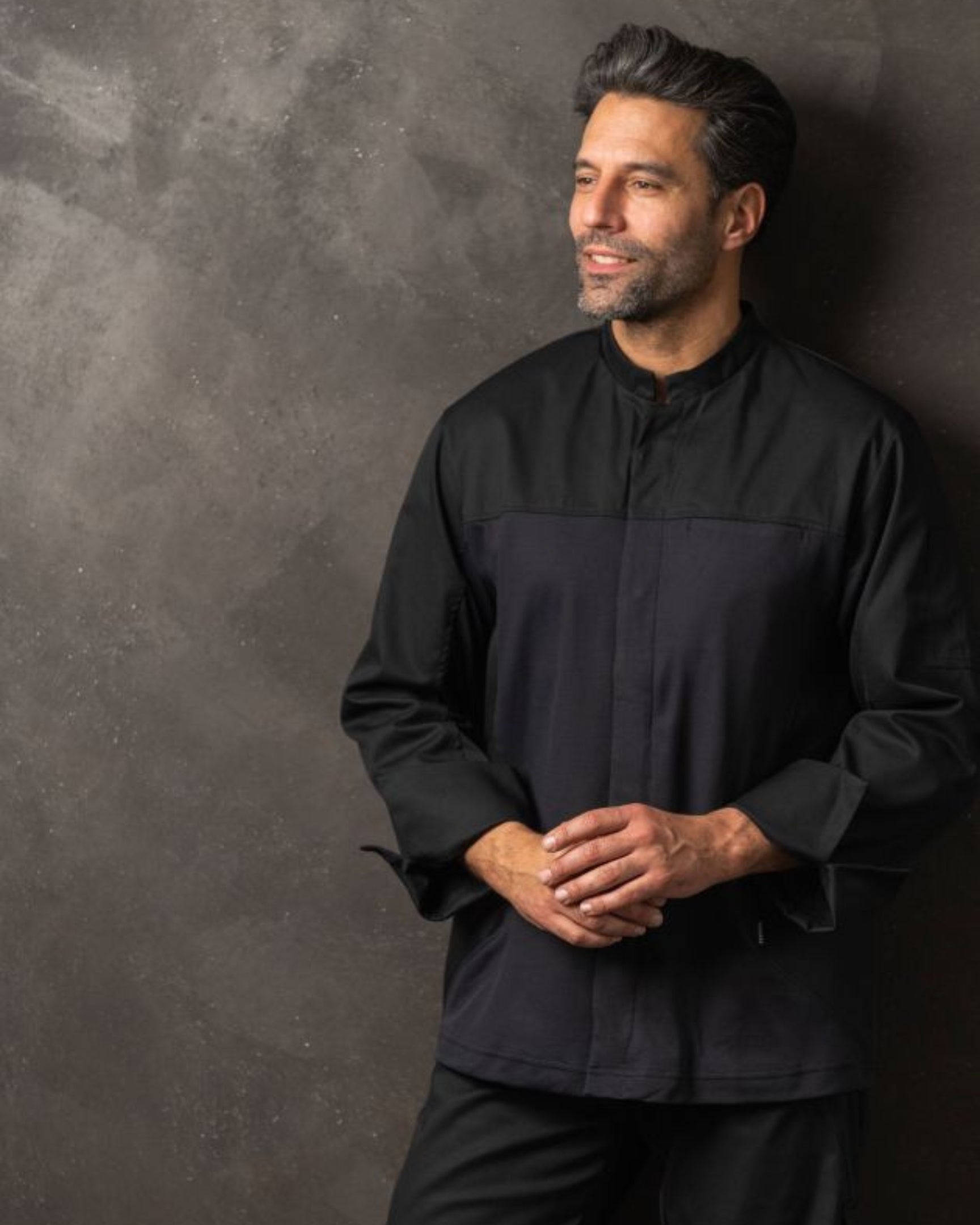 【BRAGARD】メンズ 「STARTER（スターター）」 ブラック 立ち襟 長袖 スナップボタン コックコート