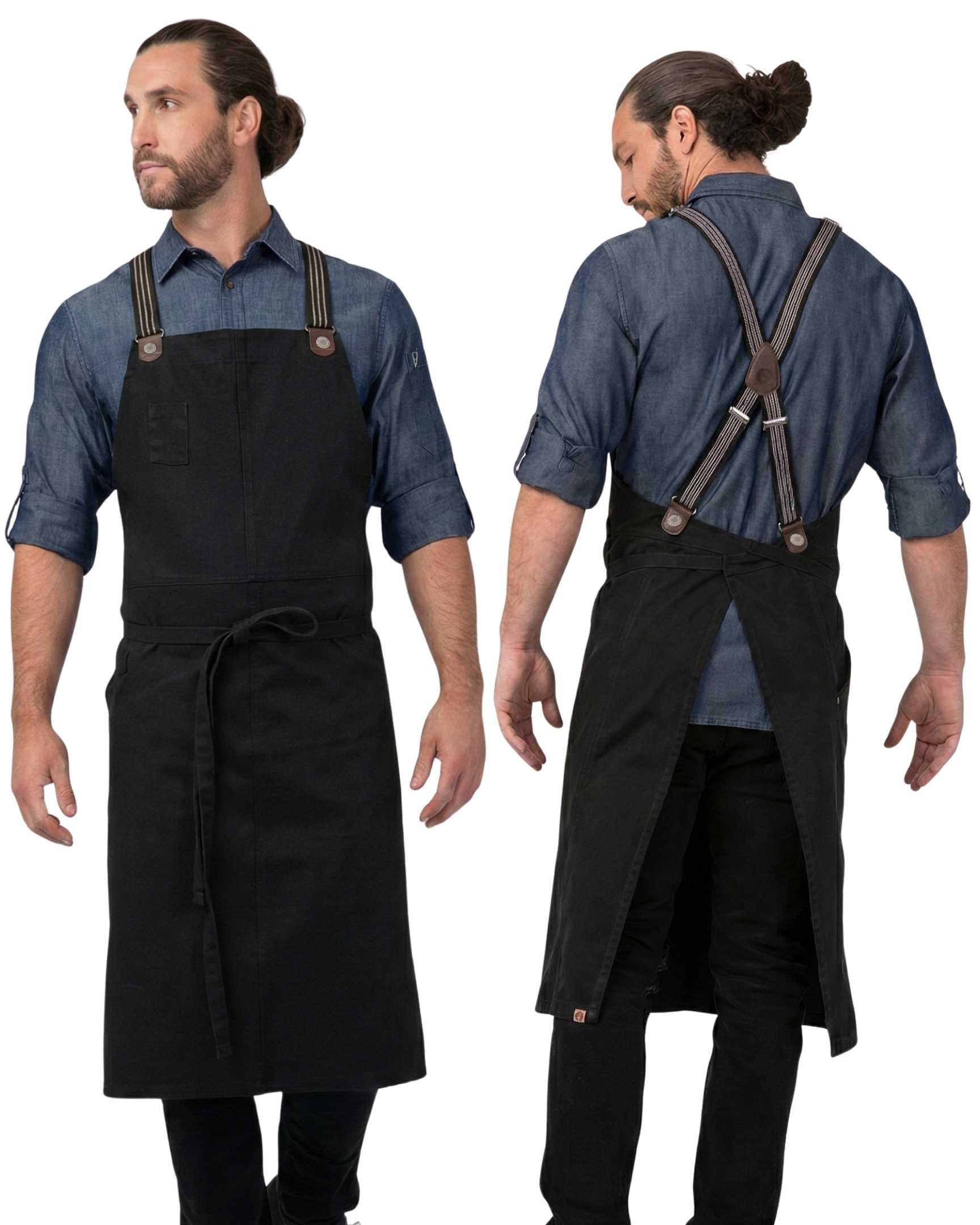【スナップボタン式】バークレー ジェットブラック デニム  《ラージ》 胸当て エプロン（ブラックグレーサスペンダーセット）