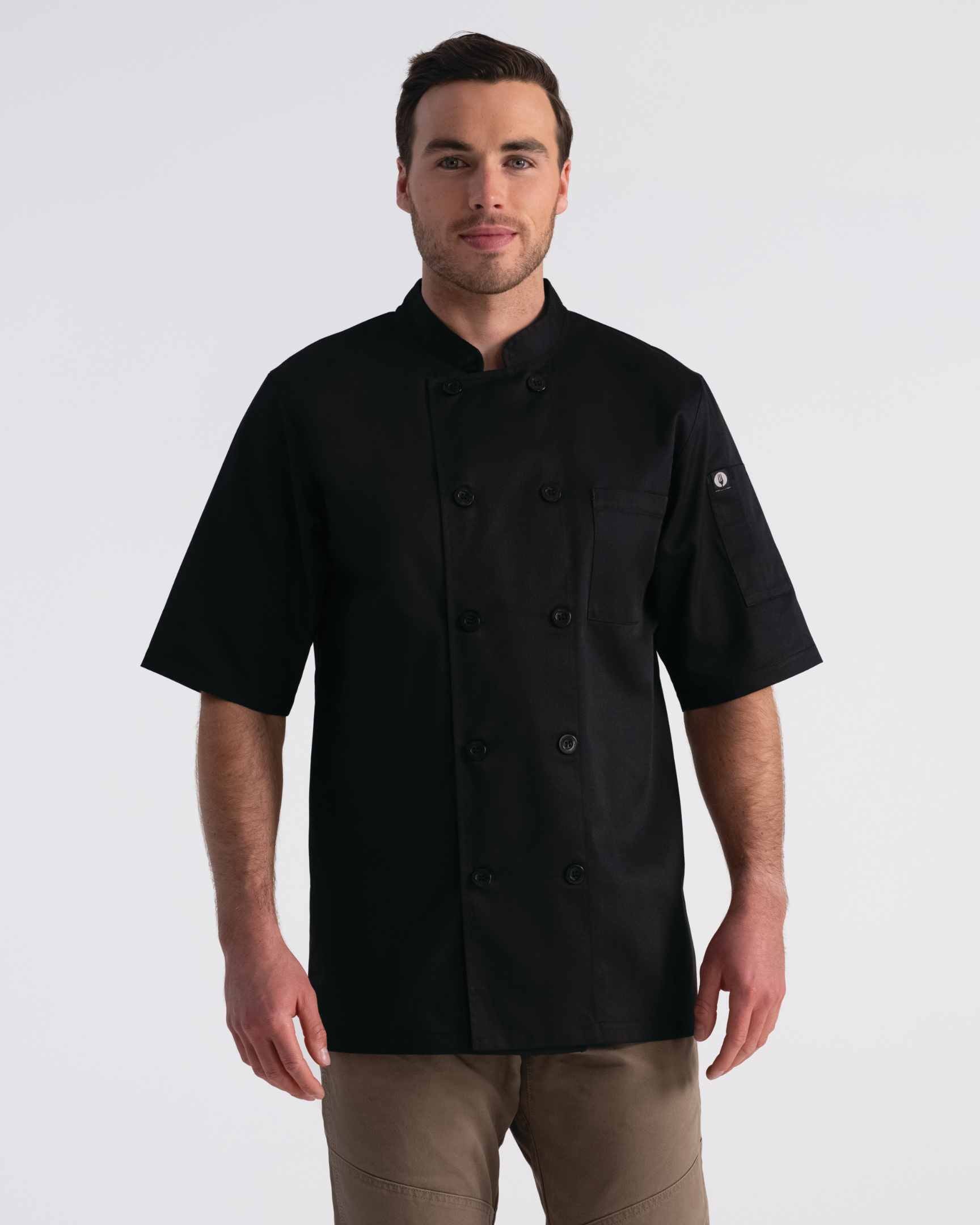 半袖ダブルボタン「ボルネイ」黒コックコート｜飲食制服｜Chef Works