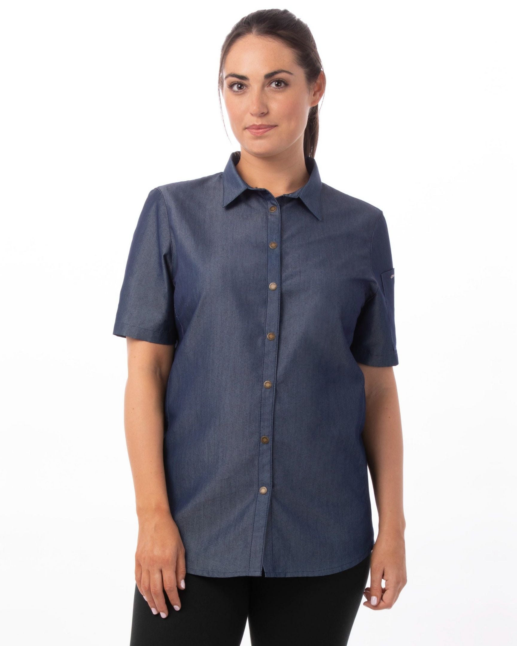 レディース デトロイト インディゴブルー スナップボタン 軽量デニム 半袖 シャツ｜Chef Works Japan
