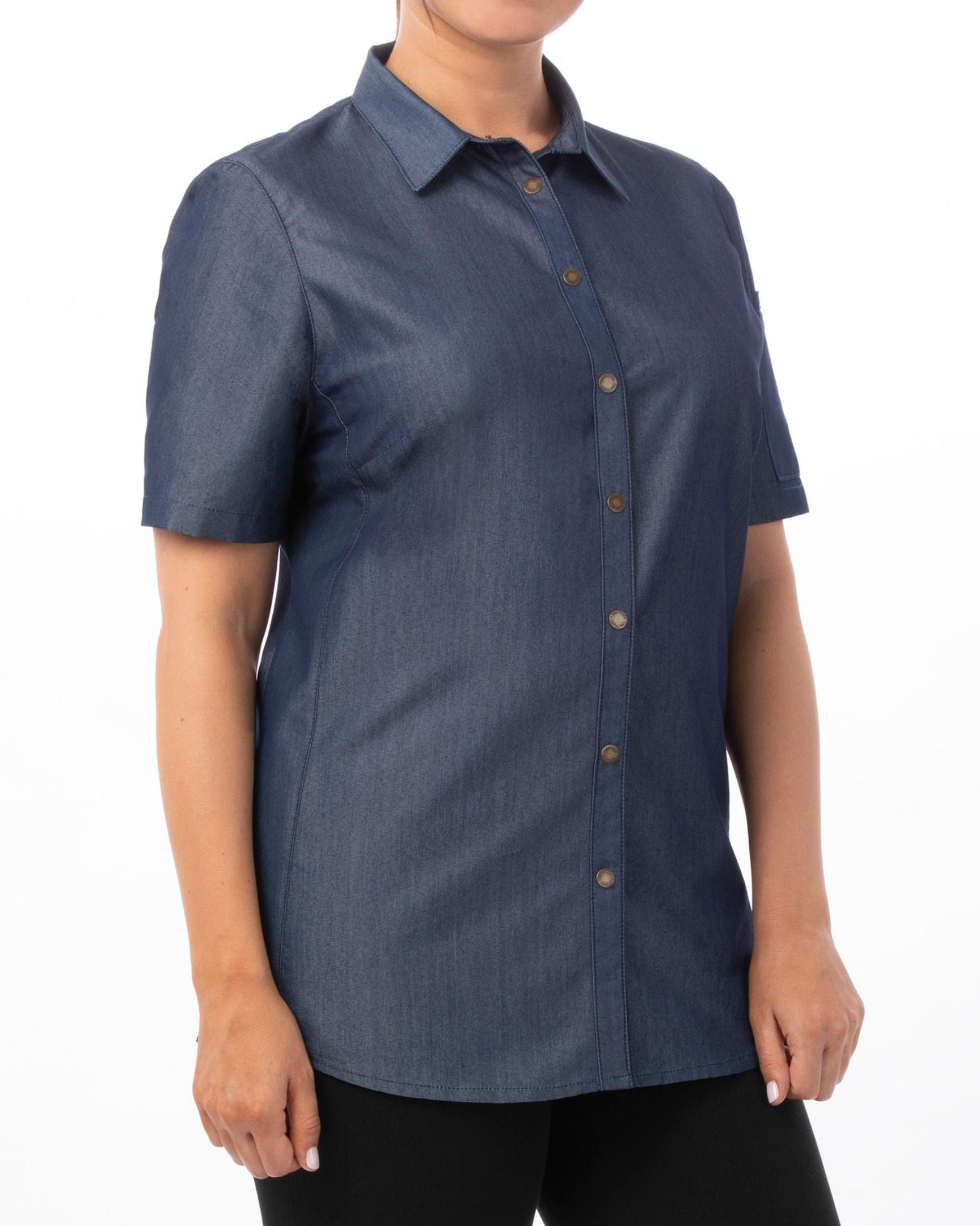 レディース デトロイト インディゴブルー スナップボタン 軽量デニム 半袖 シャツ｜Chef Works Japan