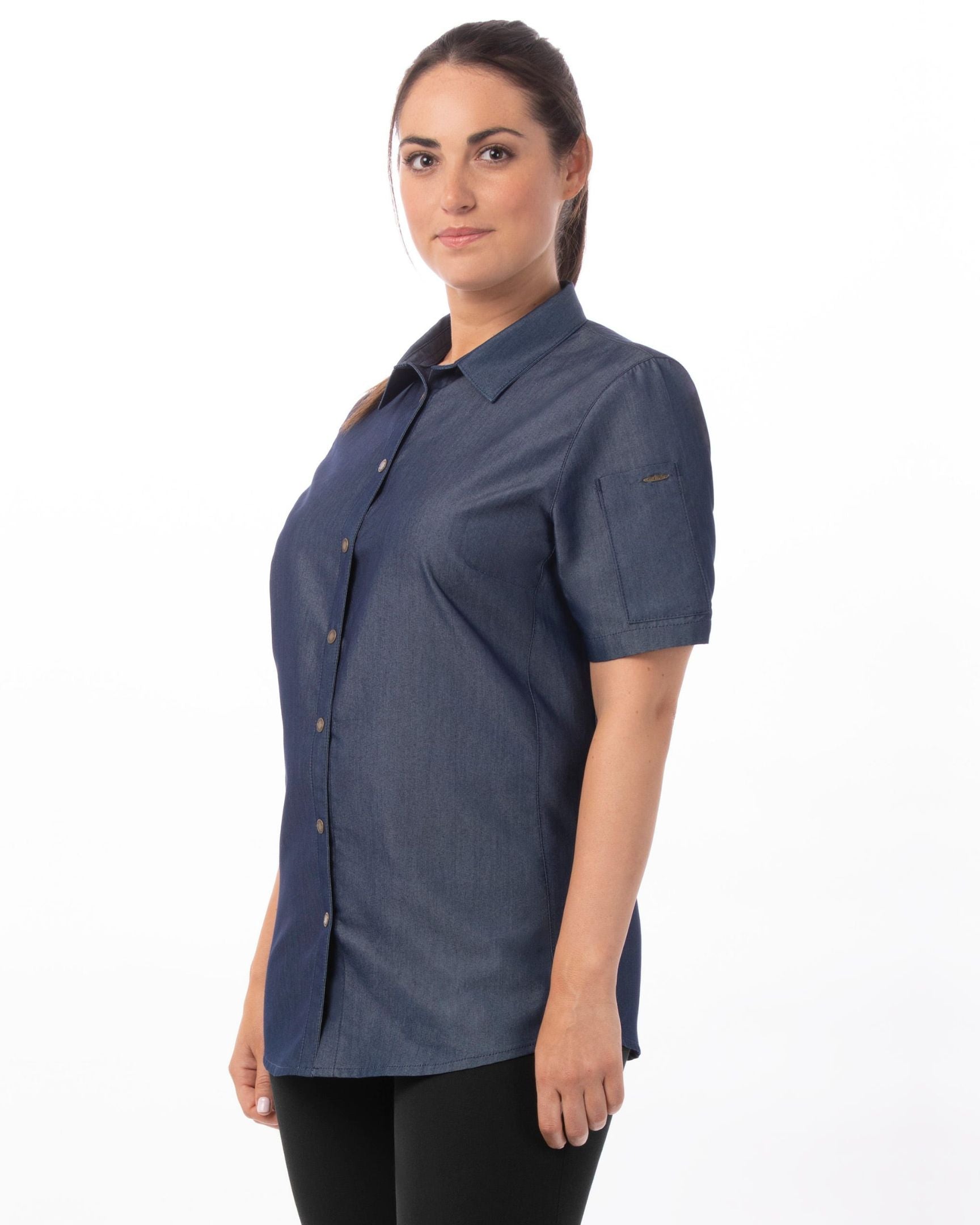 レディース デトロイト インディゴブルー スナップボタン 軽量デニム 半袖 シャツ｜Chef Works Japan