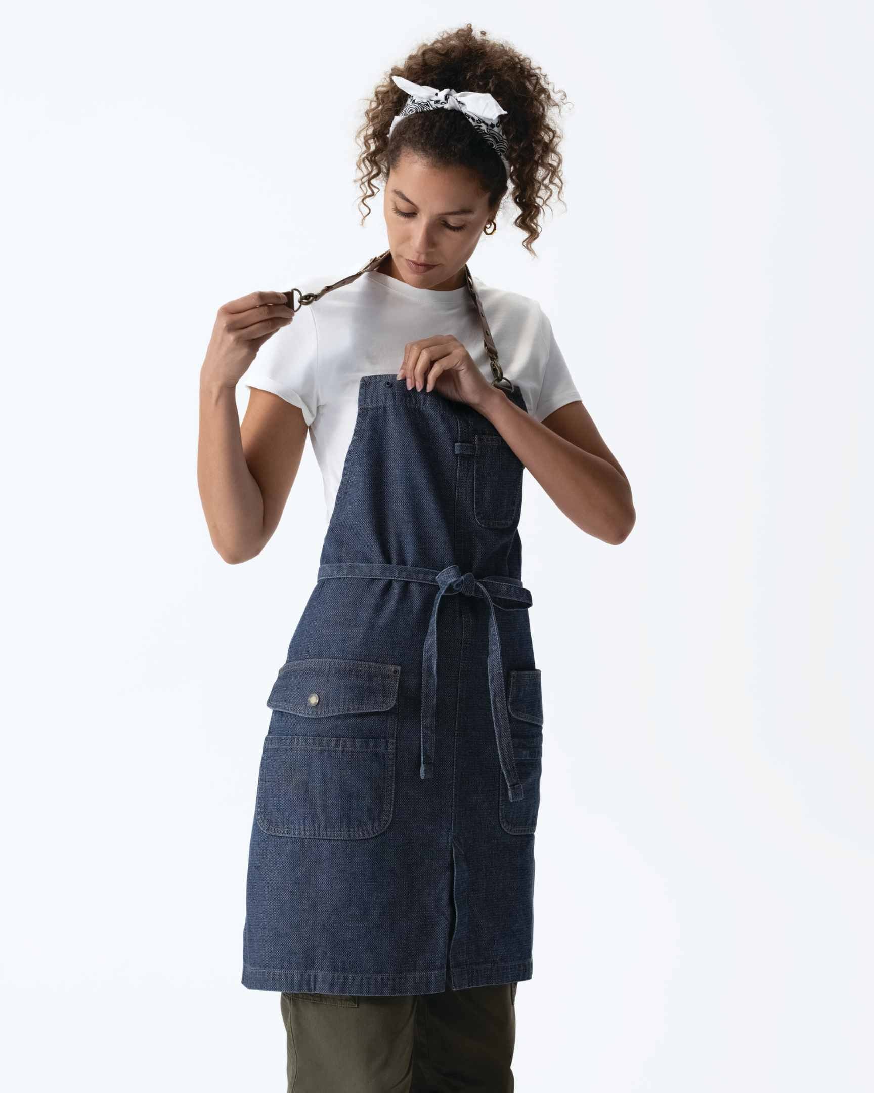 クラフトマン 綿100% プレミアム ジャガード デニム インディゴブルー 胸当て エプロン｜Chef Works Japan