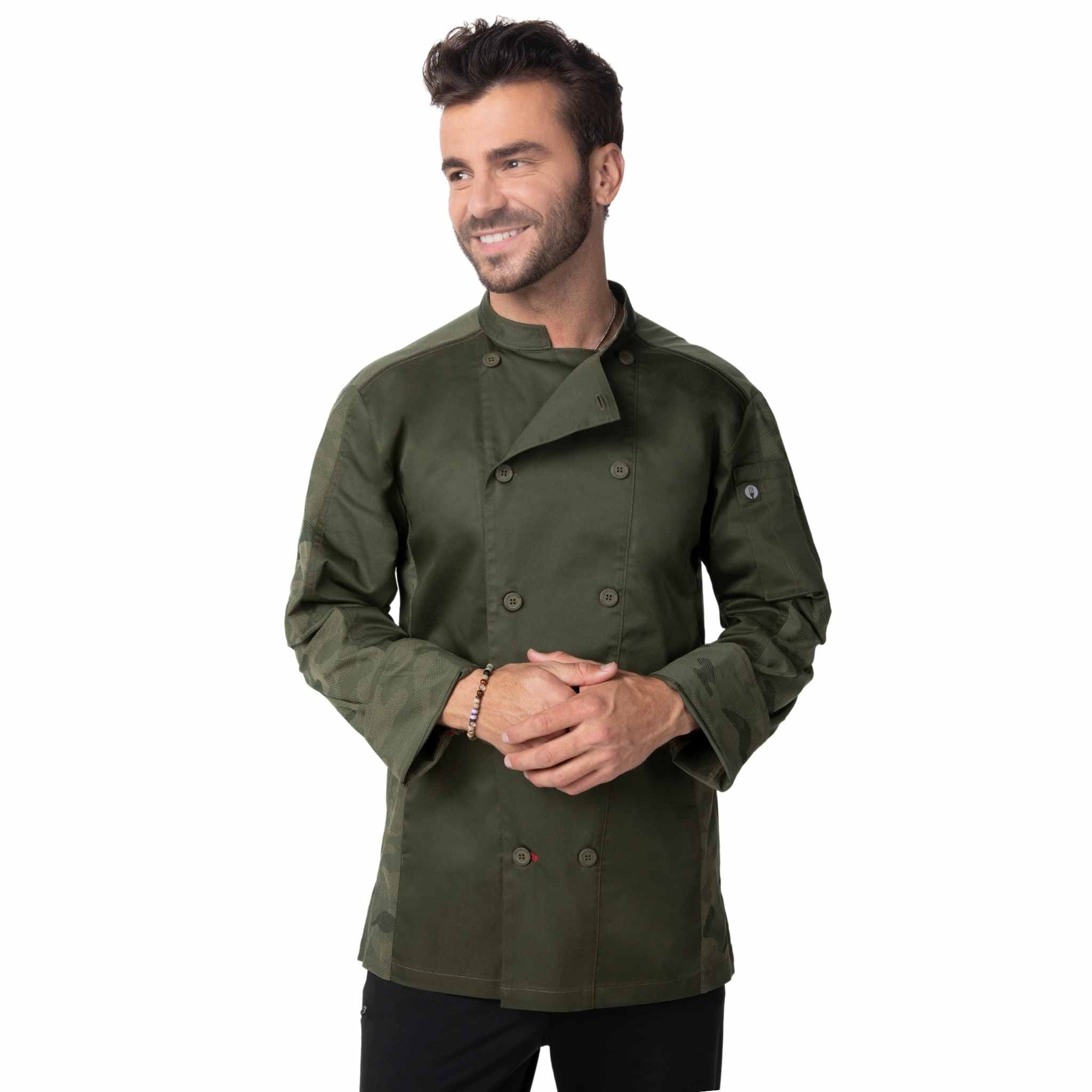 Ehre style フード付コート　モスグリーン　金ボタン 定価30,000円 モハーベ」グリーンカモフラージュ 長袖コックコート｜Chef Works