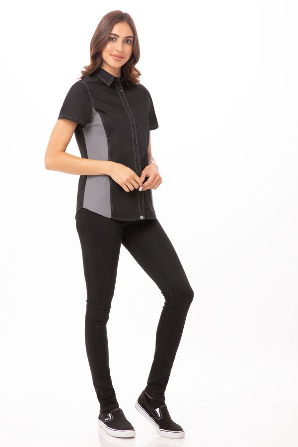 レディース ユニバーサルコントラスト   ブラック/グレー 半袖 コックシャツ