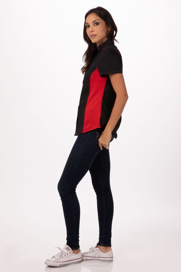 レディース ユニバーサルコントラスト ブラック/レッド 半袖 コックシャツ