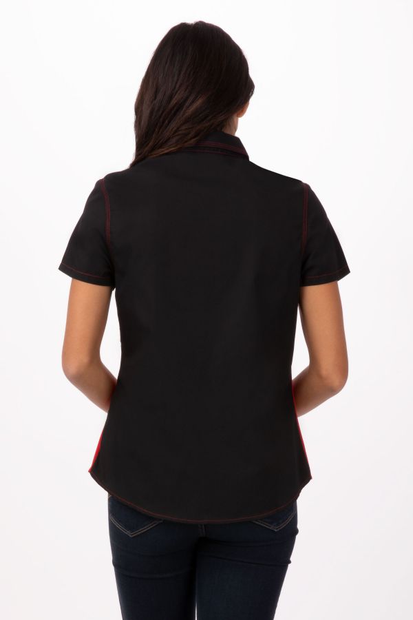 レディース ユニバーサルコントラスト ブラック/レッド 半袖 コックシャツ
